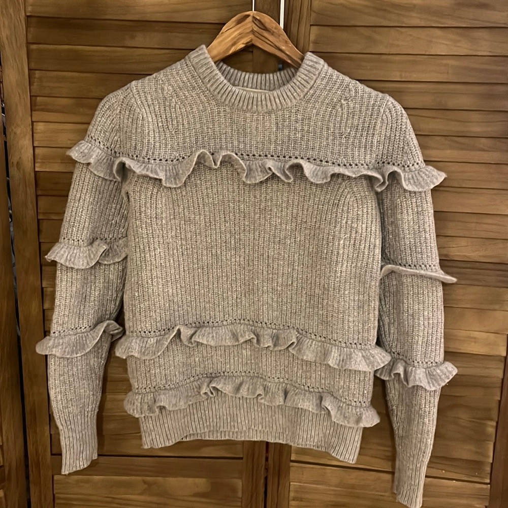 MICHAEL Michael Kors Rib Ruffle Sweater XXS Gray Wool Cashmere Chunky Knit - Picture 3 of 10